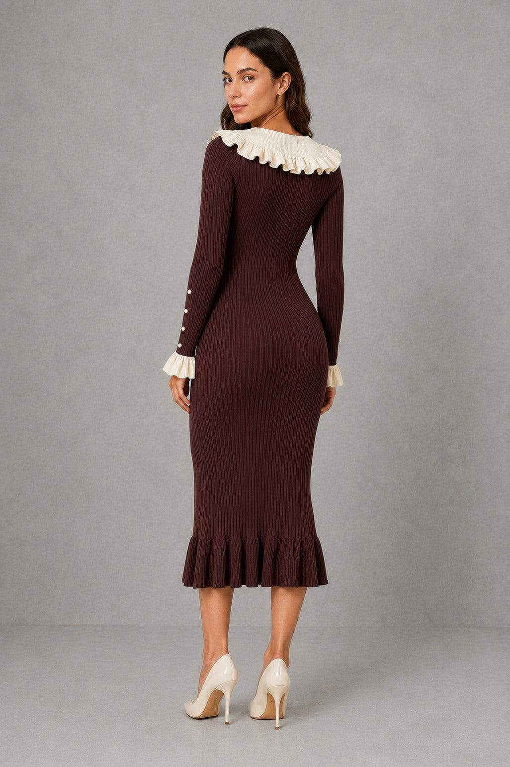 Ribbed Knit Collared Midi Dress