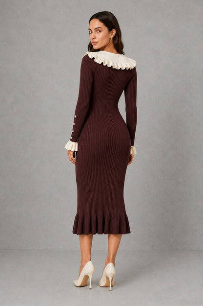 Ribbed Knit Collared Midi Dress