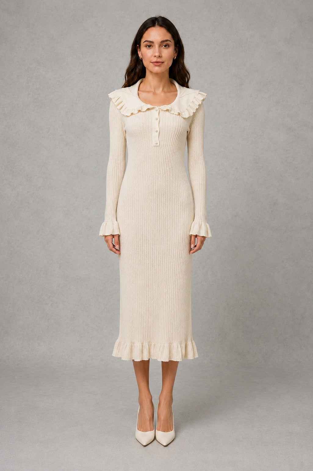 Ribbed Knit Collared Midi Dress