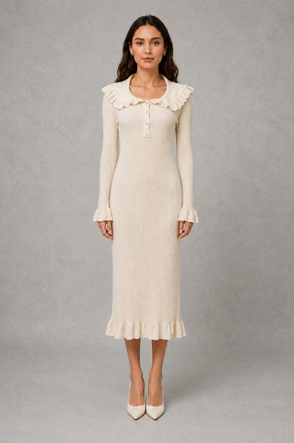 Ribbed Knit Collared Midi Dress