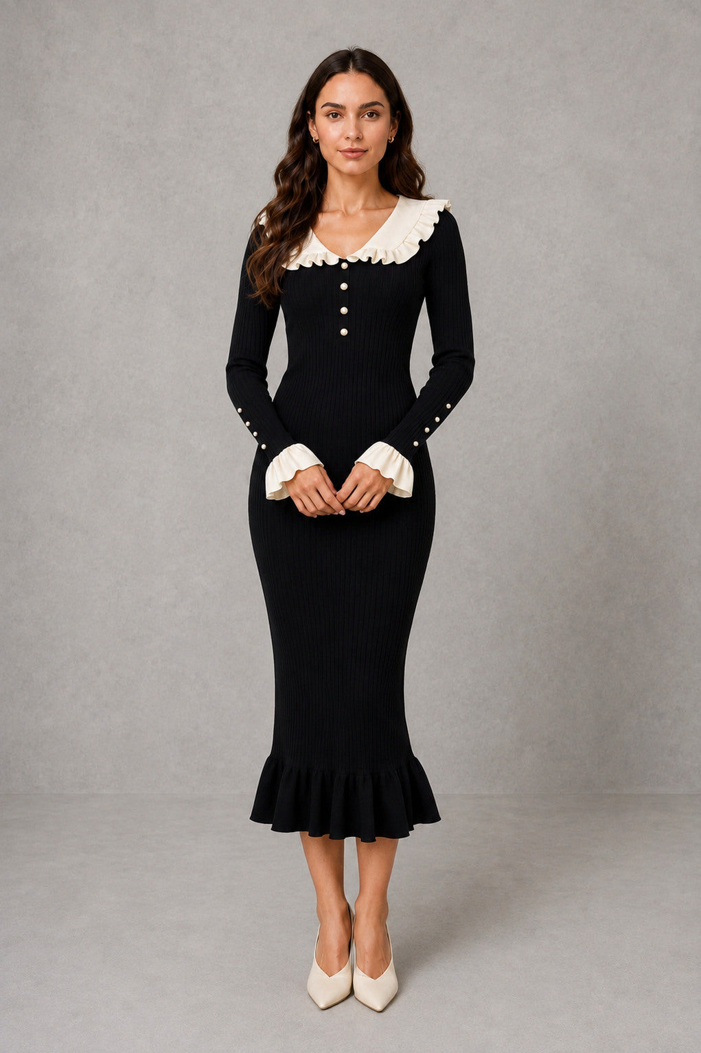 Ribbed Knit Collared Midi Dress