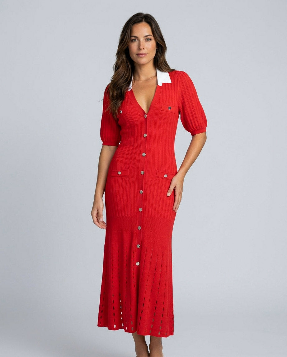 Ribbed Knit Collared Midi Sweater Dress