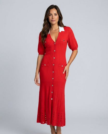 Ribbed Knit Collared Midi Sweater Dress