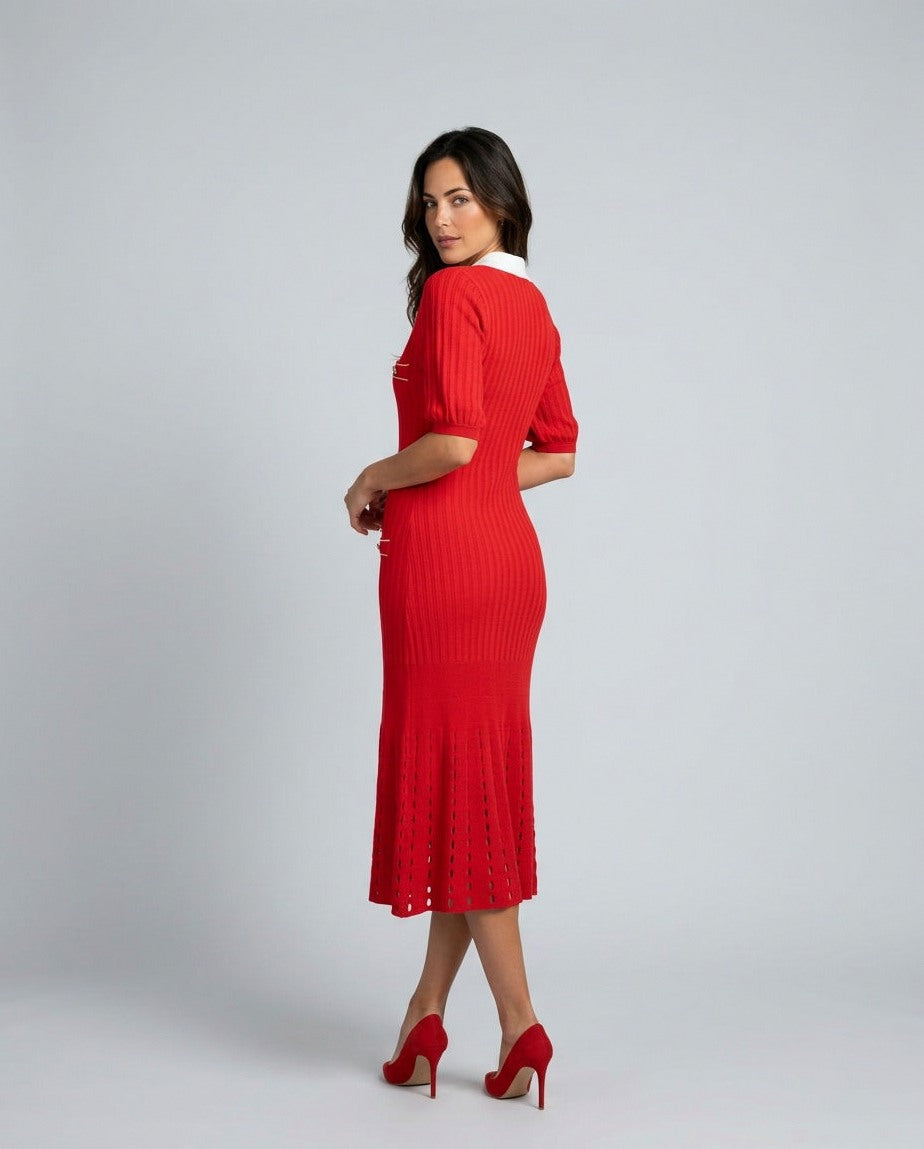 Ribbed Knit Collared Midi Sweater Dress