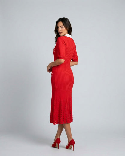 Ribbed Knit Collared Midi Sweater Dress