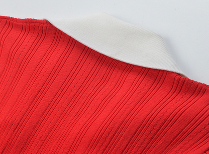 Ribbed Knit Collared Midi Sweater Dress