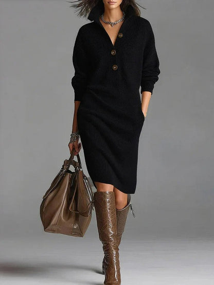Ribbed Knit Long Sleeve Collared Sweater Dress