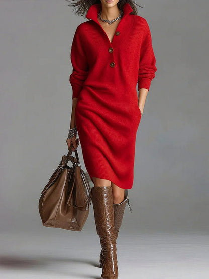 Ribbed Knit Long Sleeve Collared Sweater Dress