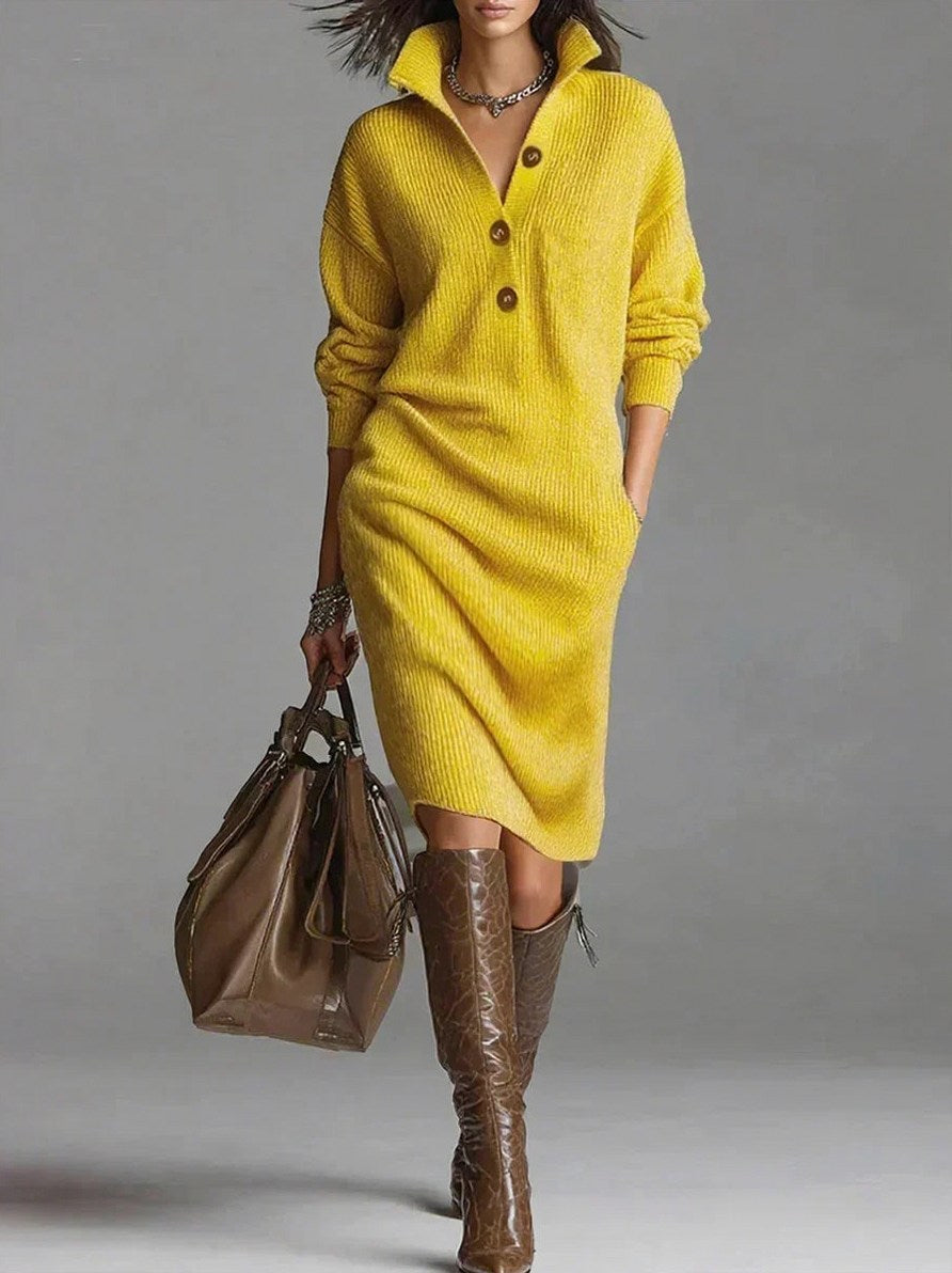 Ribbed Knit Long Sleeve Collared Sweater Dress