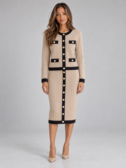 Ribbed Knit Long Sleeve Cardigan and Midi Skirt Set
