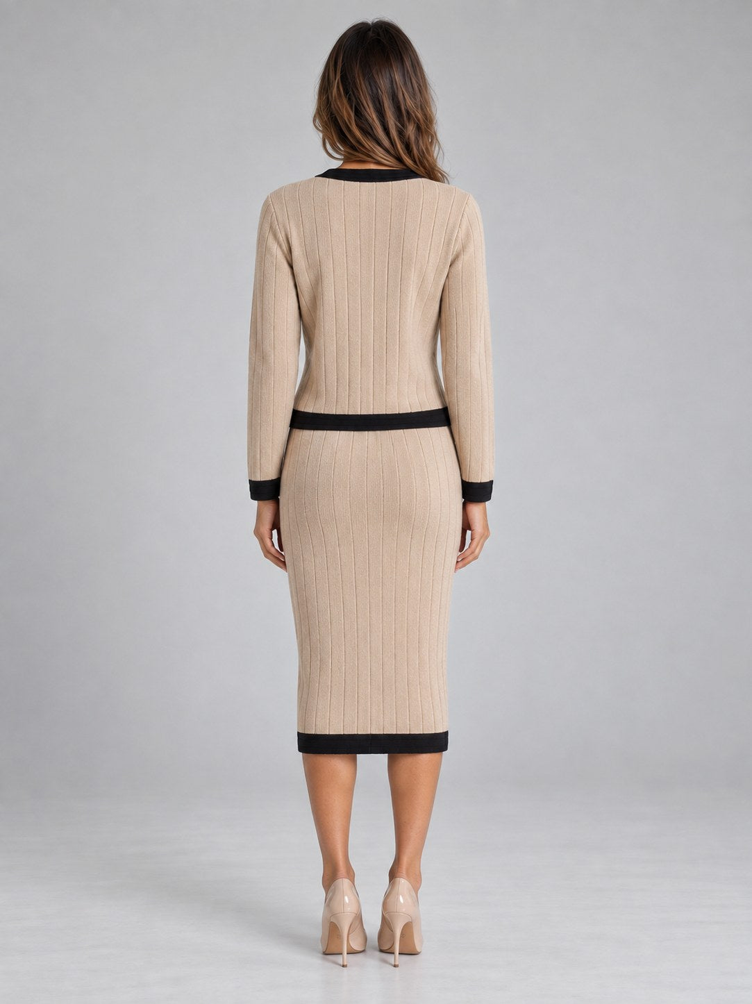 Ribbed Knit Long Sleeve Cardigan and Midi Skirt Set