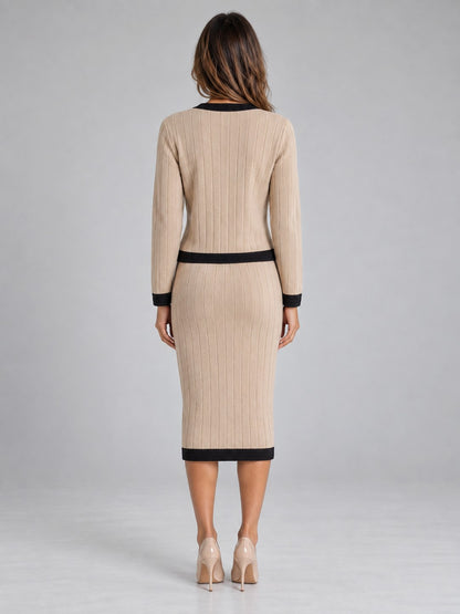 Ribbed Knit Long Sleeve Cardigan and Midi Skirt Set