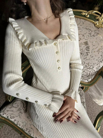 Ribbed Knit Long Sleeve Ruffle Midi Dress