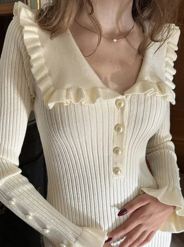Ribbed Knit Long Sleeve Ruffle Midi Dress