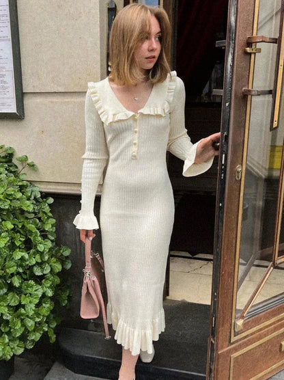 Ribbed Knit Long Sleeve Ruffle Midi Dress