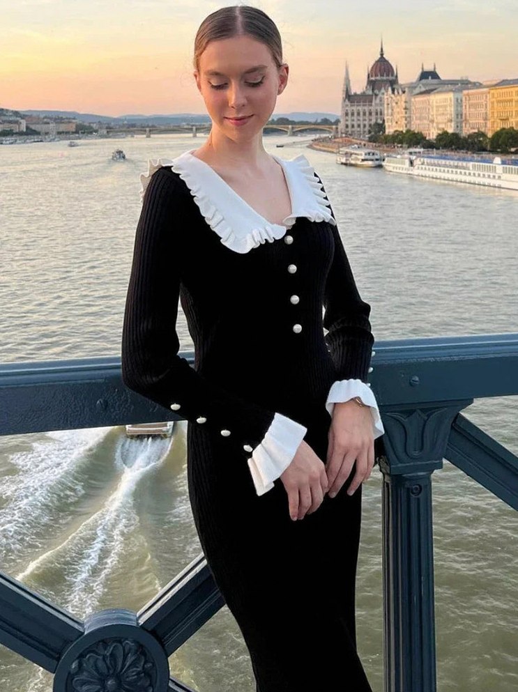 Ribbed Knit Long Sleeve Ruffle Midi Dress
