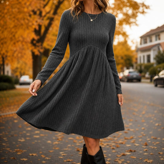 Ribbed Long Sleeve Babydoll Sweater Dress