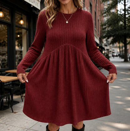 Ribbed Long Sleeve Babydoll Sweater Dress