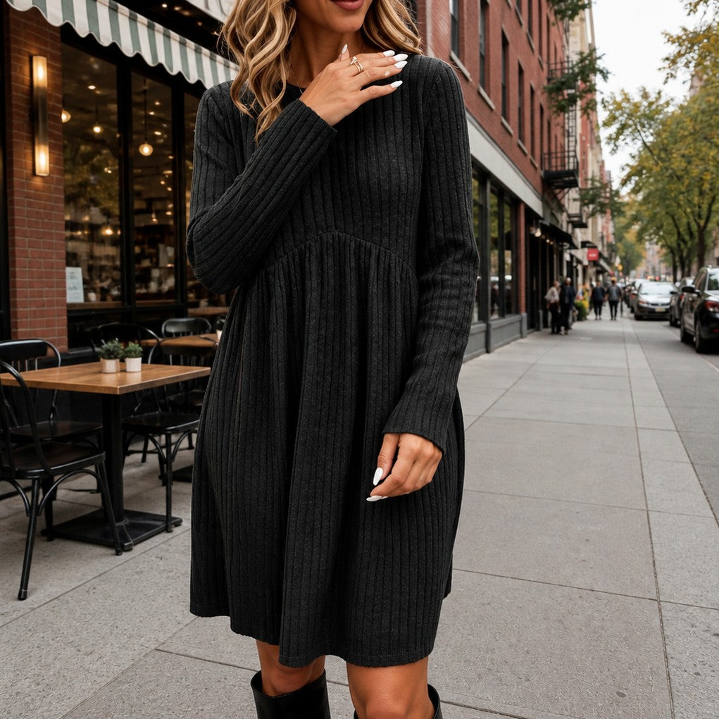 Ribbed Long Sleeve Babydoll Sweater Dress