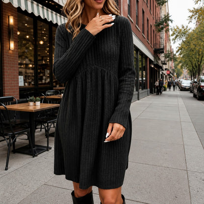 Ribbed Long Sleeve Babydoll Sweater Dress