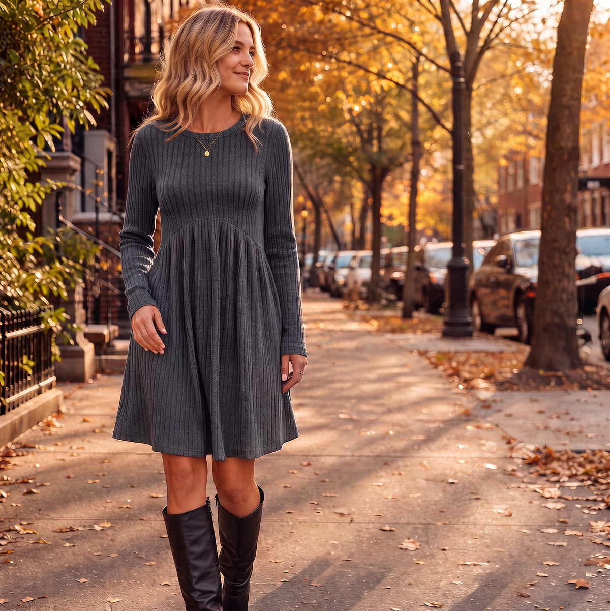 Ribbed Long Sleeve Babydoll Sweater Dress
