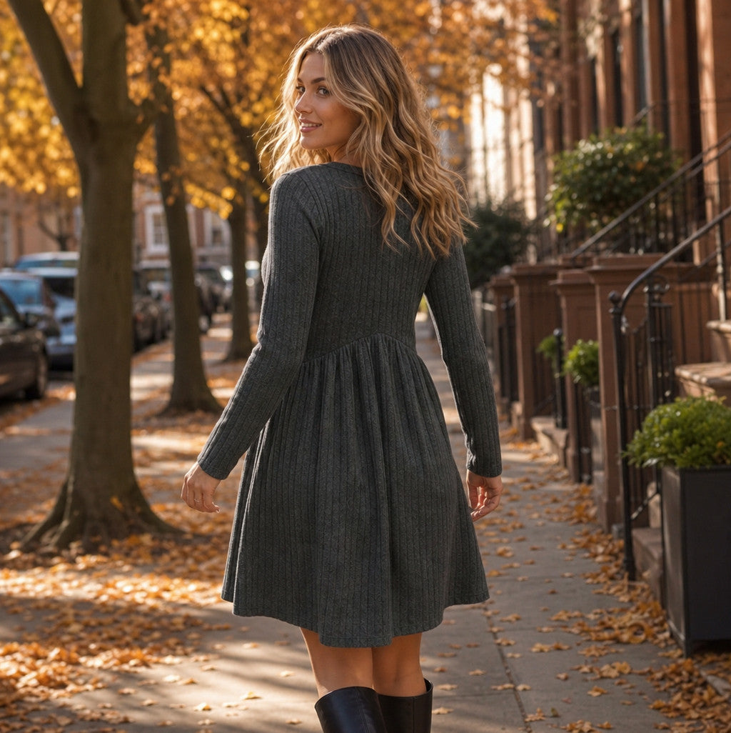 Ribbed Long Sleeve Babydoll Sweater Dress