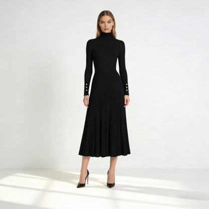 Ribbed Mock Neck Pleated Midi Dress