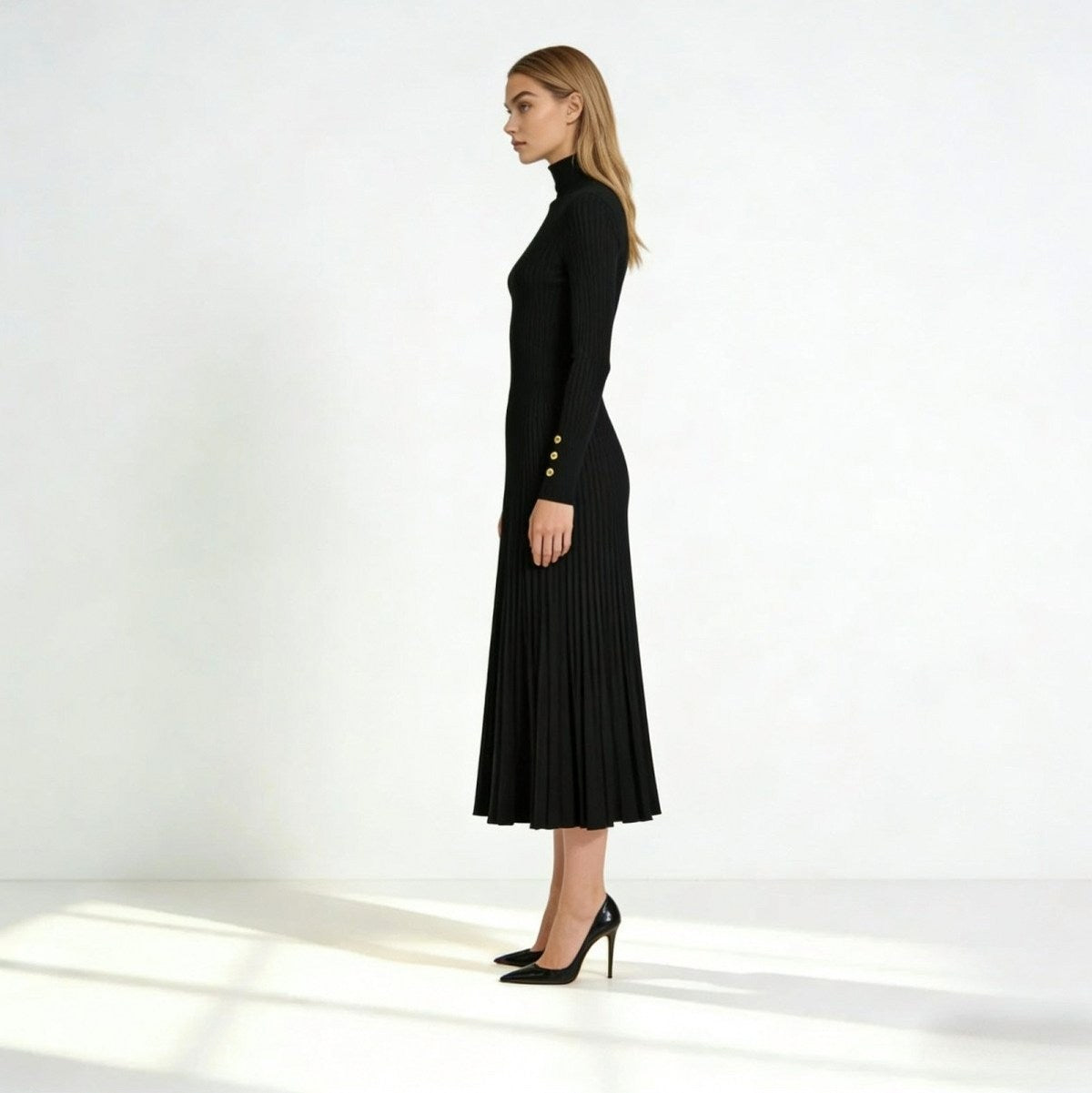 Ribbed Mock Neck Pleated Midi Dress