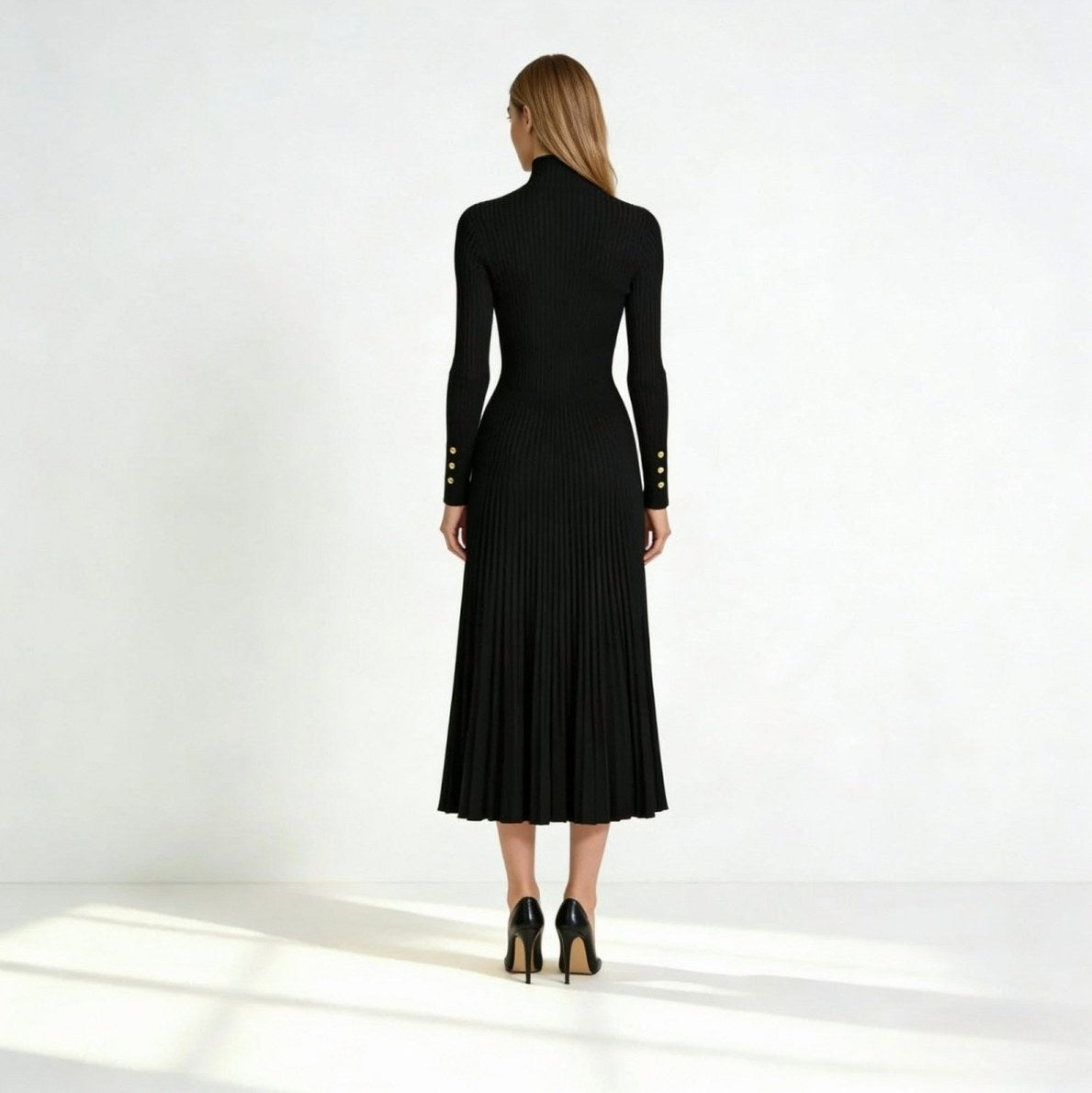 Ribbed Mock Neck Pleated Midi Dress
