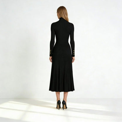Ribbed Mock Neck Pleated Midi Dress