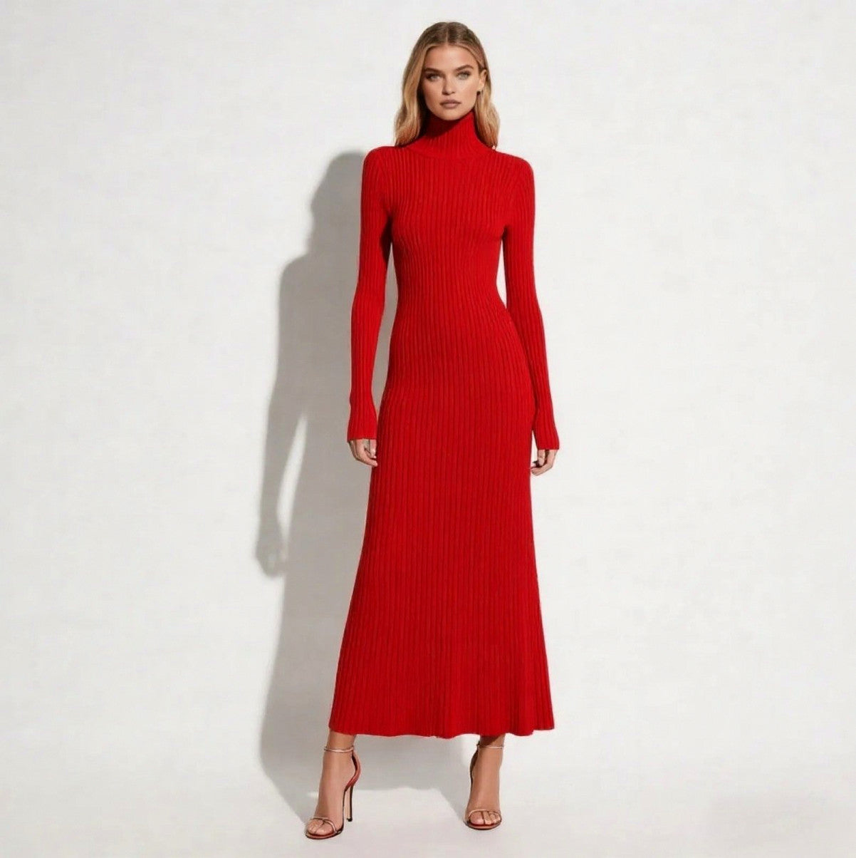 Ribbed Mock Neck Pleated Midi Dress