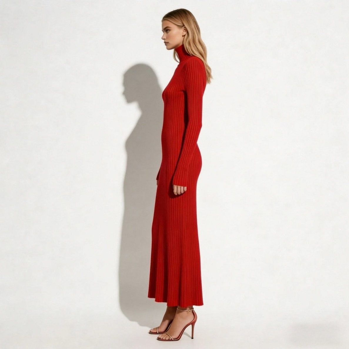Ribbed Mock Neck Pleated Midi Dress
