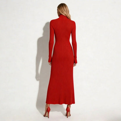 Ribbed Mock Neck Pleated Midi Dress