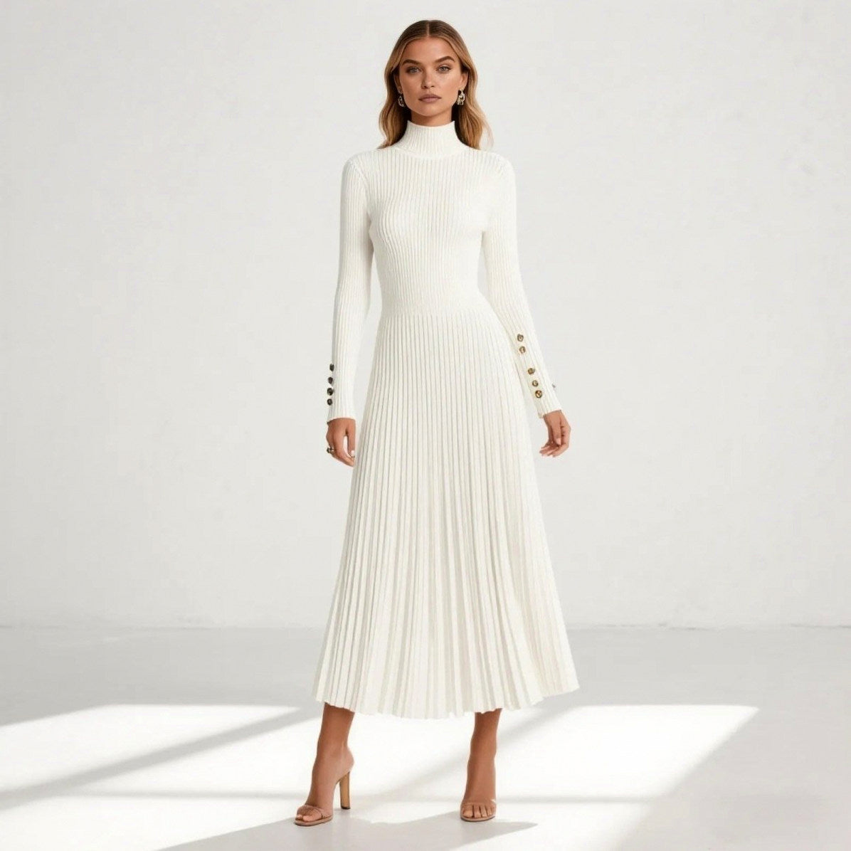 Ribbed Mock Neck Pleated Midi Dress