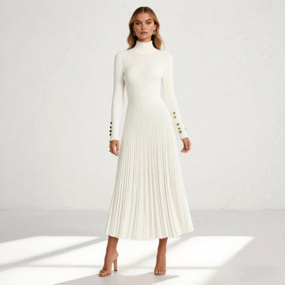 Ribbed Mock Neck Pleated Midi Dress