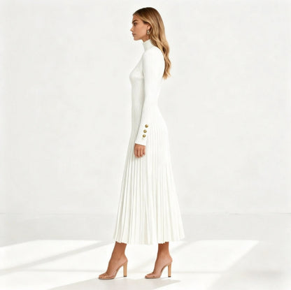 Ribbed Mock Neck Pleated Midi Dress