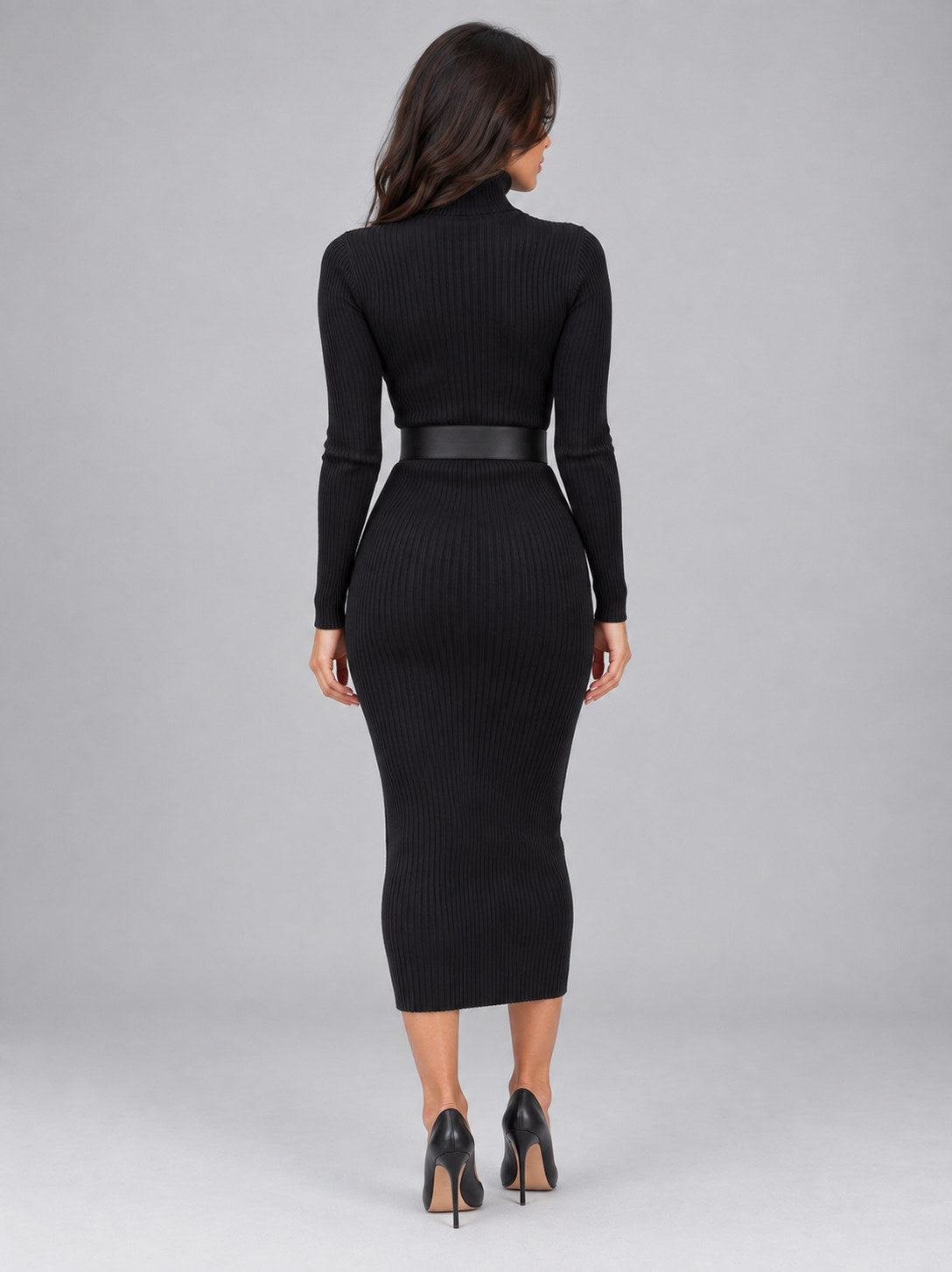 Ribbed Turtleneck Belted Sweater Dress