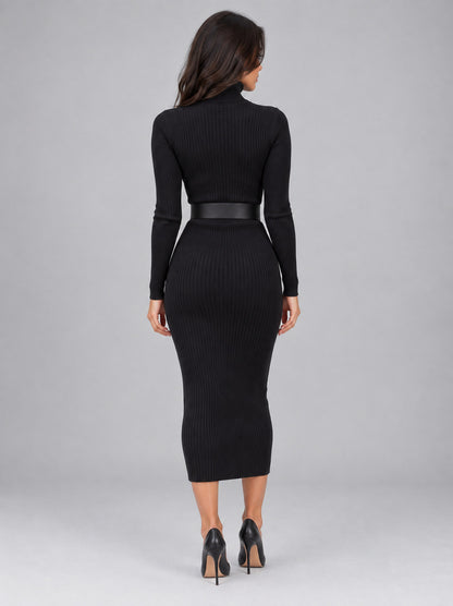Ribbed Turtleneck Belted Sweater Dress
