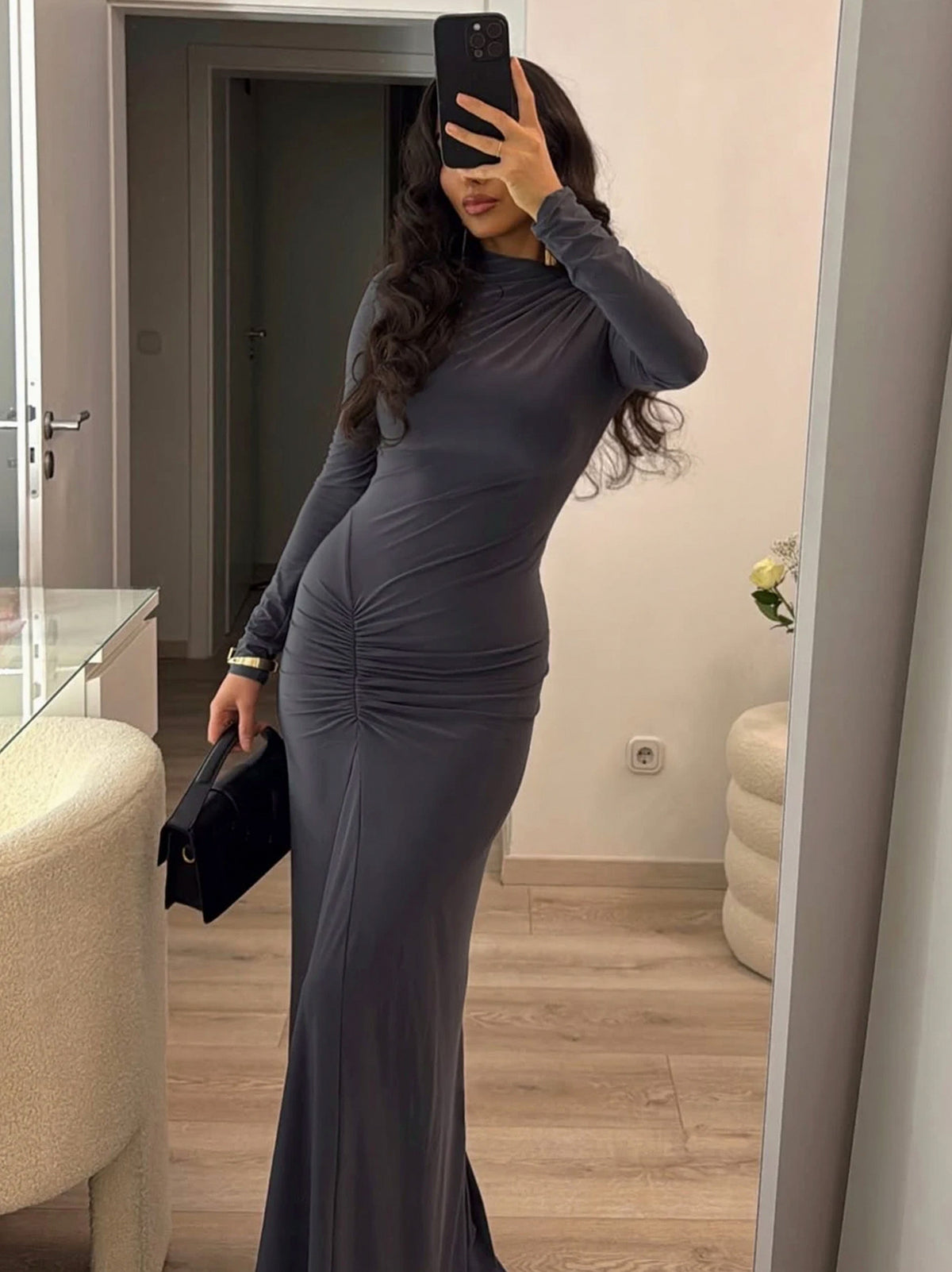 Ruched High Neck Maxi Dress
