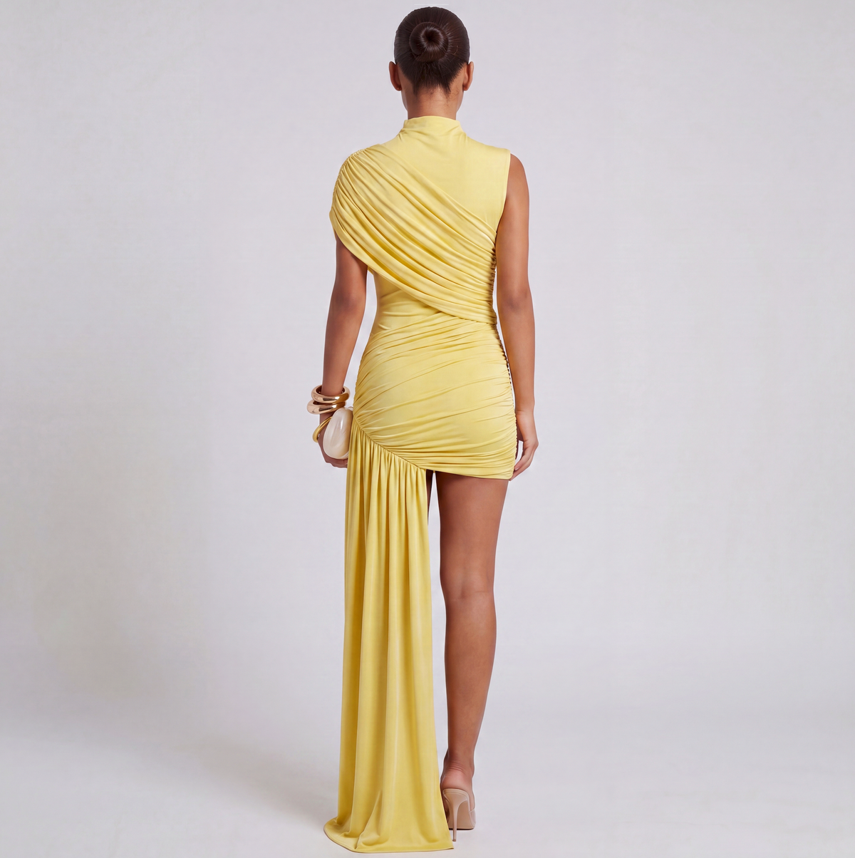 Ruched Mock Neck Asymmetric Mini Dress