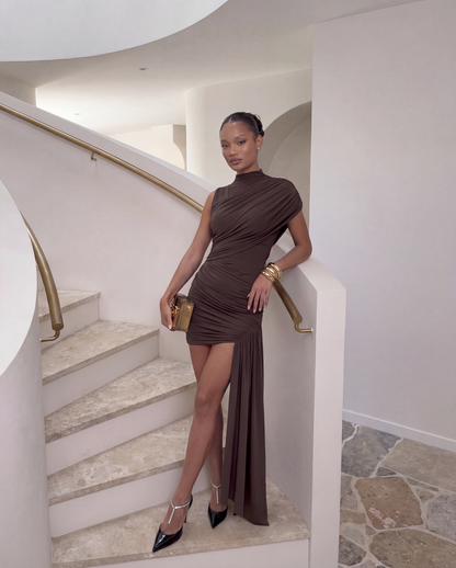 Ruched Mock Neck Asymmetric Mini Dress
