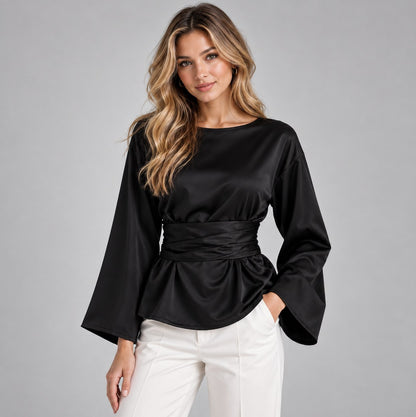 Satin Bell Sleeve Peplum Blouse