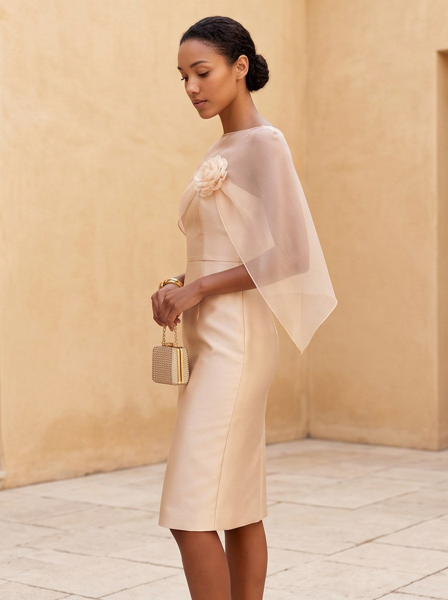 Satin Strapless Capelet Rosette Midi Dress
