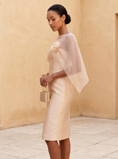 Satin Strapless Capelet Rosette Midi Dress