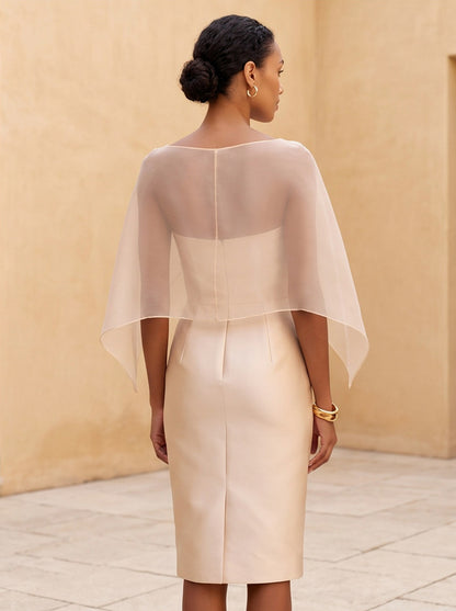 Satin Strapless Capelet Rosette Midi Dress