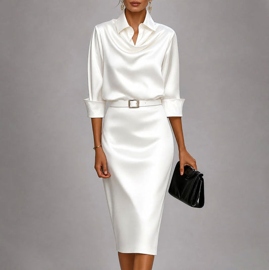 Satin Cowl Neck Collared Belted Midi Dress