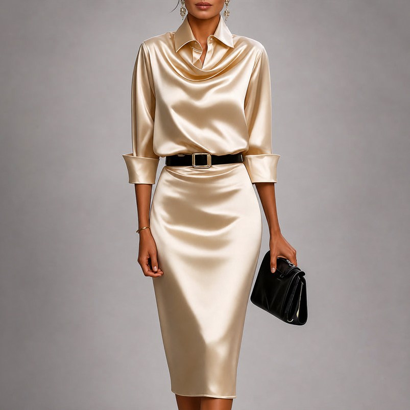 Satin Cowl Neck Collared Belted Midi Dress
