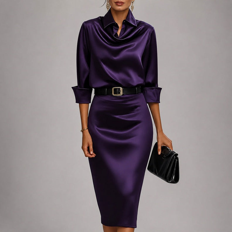 Satin Cowl Neck Collared Belted Midi Dress
