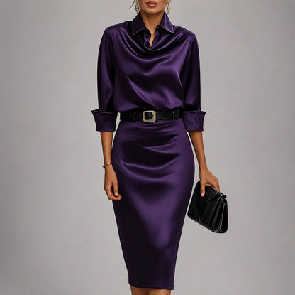 Satin Cowl Neck Collared Belted Midi Dress