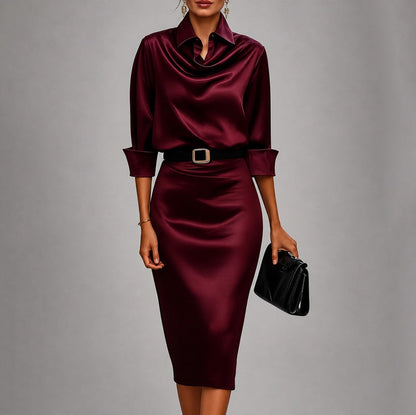 Satin Cowl Neck Collared Belted Midi Dress